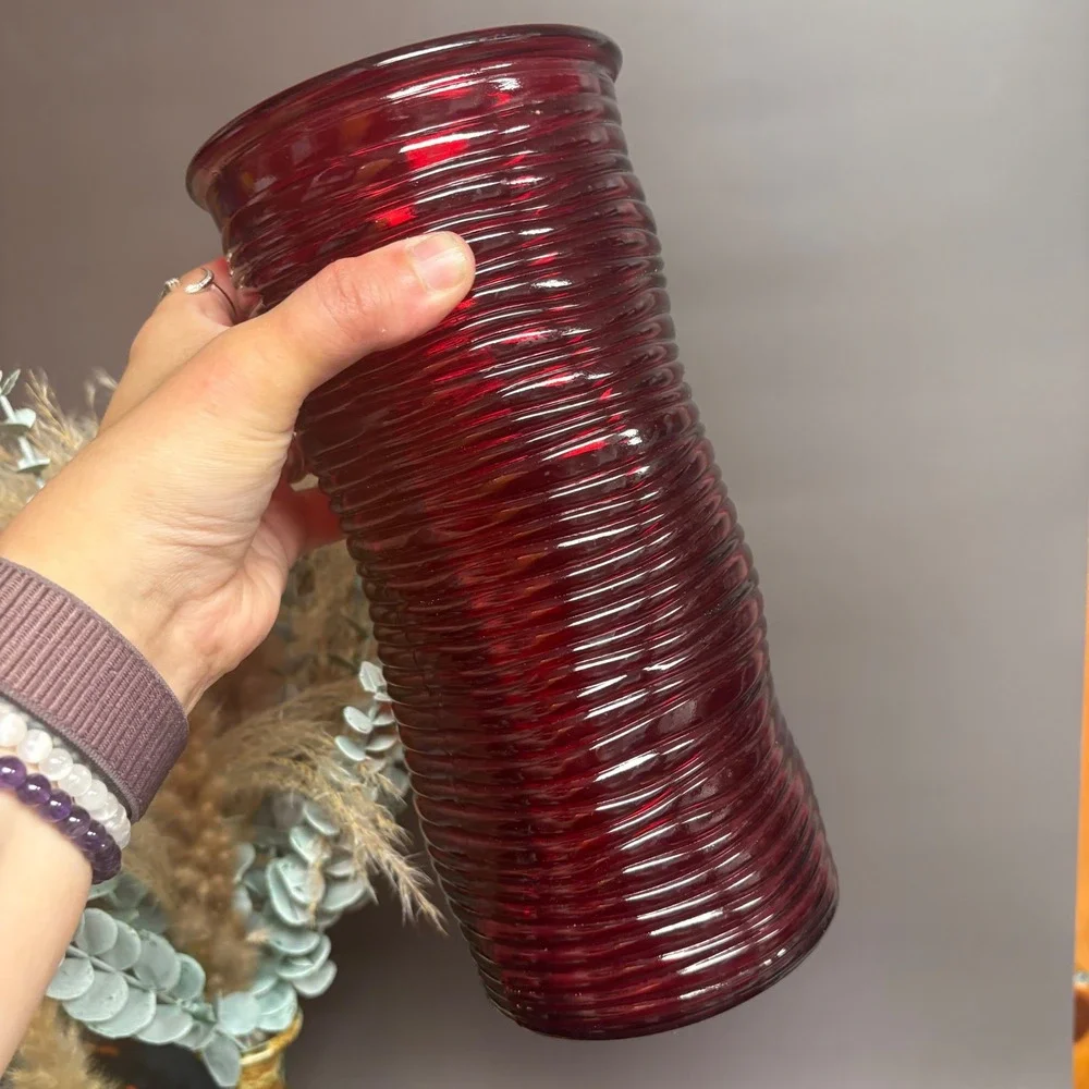 Red Ribbed Glass Vase | 10 Inch Cylinder‎ | Vintage Style Home Decor | Boho